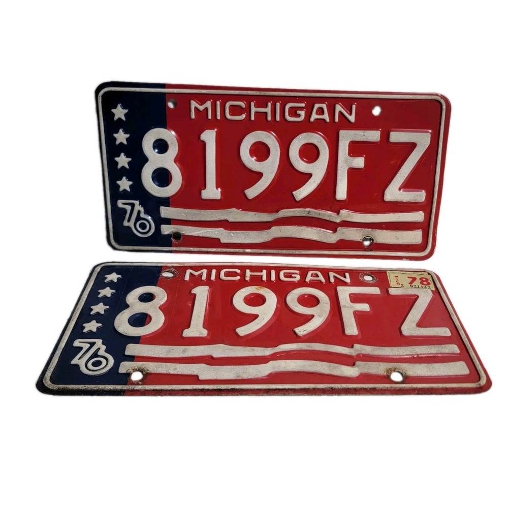 Vintage 1976 Michigan Bicentennial Matching License Plate Set #8199FZ